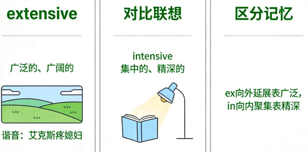 extensive是什么意思|extensive的用法|extensive的单词速记|extensive怎么读|extensive的考法 ...